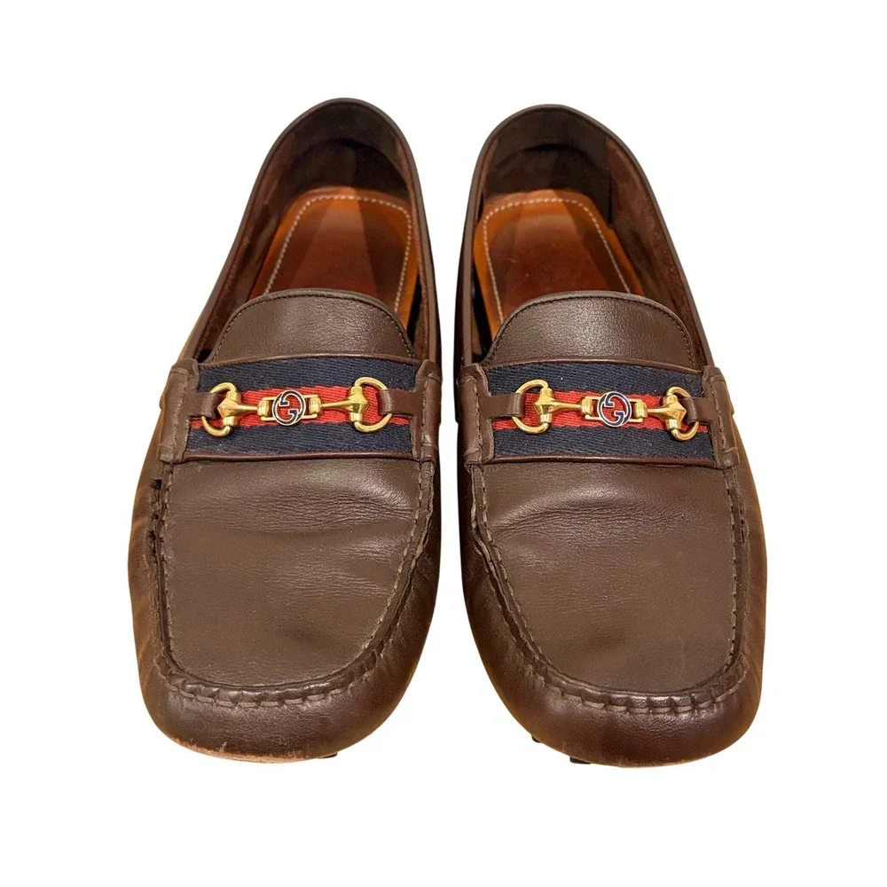 Gucci Ayrton Authentic Brown Leather Web Stripe Horsebit Driving Loafers Size 9